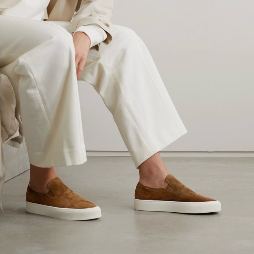 The Row Marie H Suede Slip-On Sneakers in Cognac Brown
